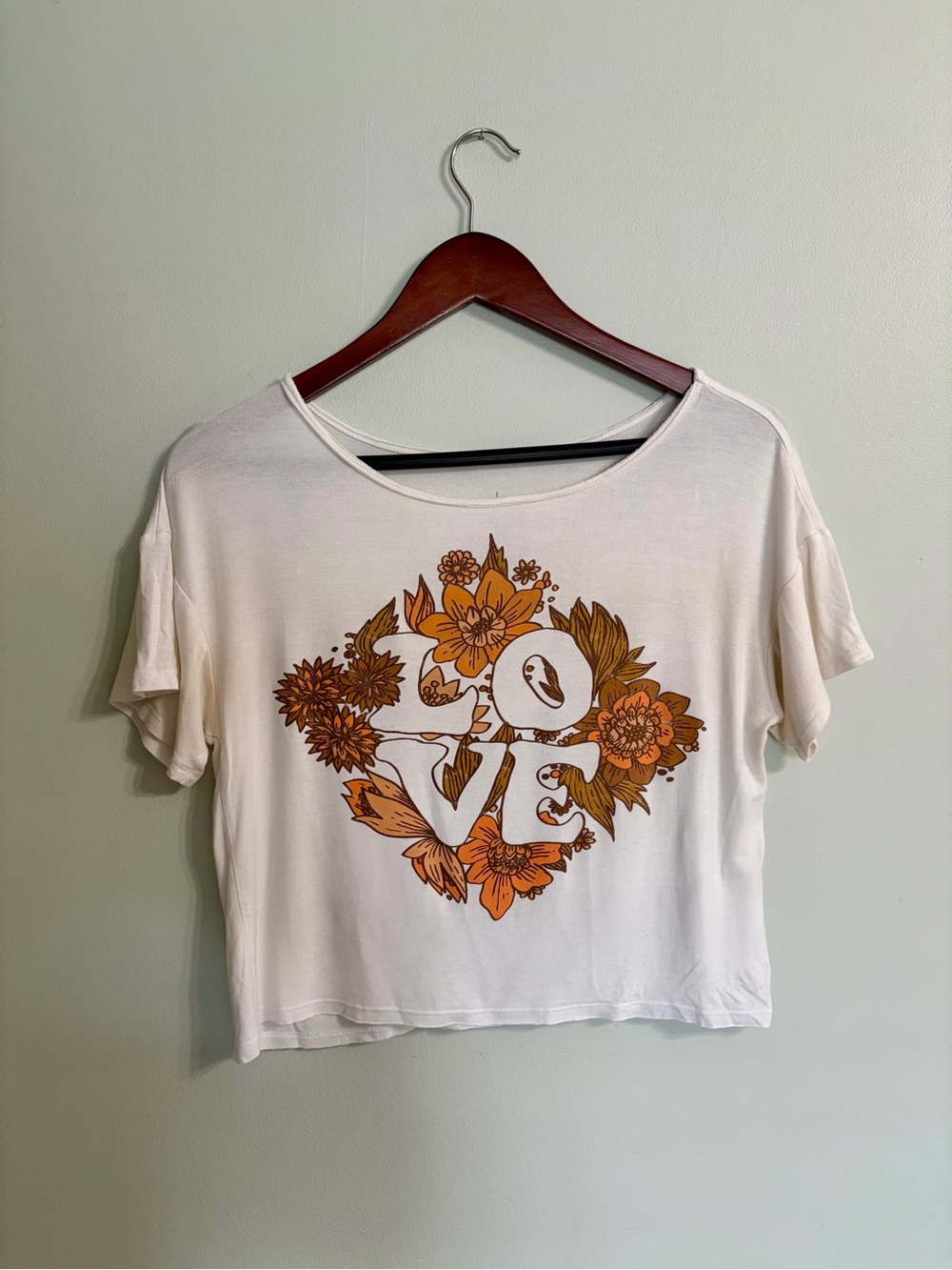White Crop Tee with Orange Floral 'LOVE' Graphic